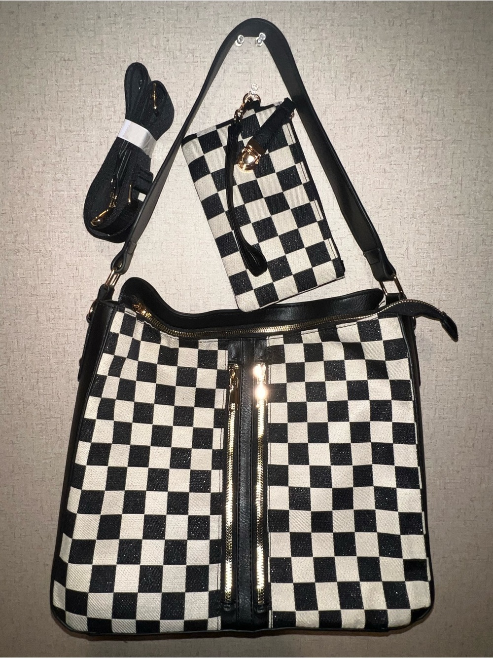 Checkered purse with wallet and crossbody strap
